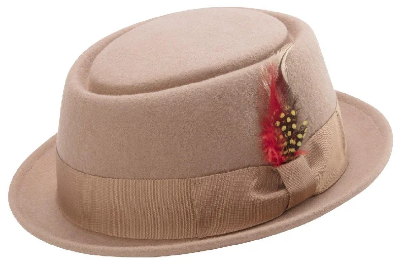 Montique Men's Camel Stingy Brim Teardrop Dent Pork Pie Wool Felt Hat with Feather H45