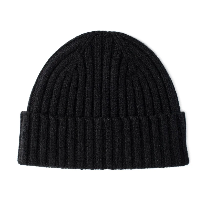 Black Cashmere Chunky Rib Beanie Hat