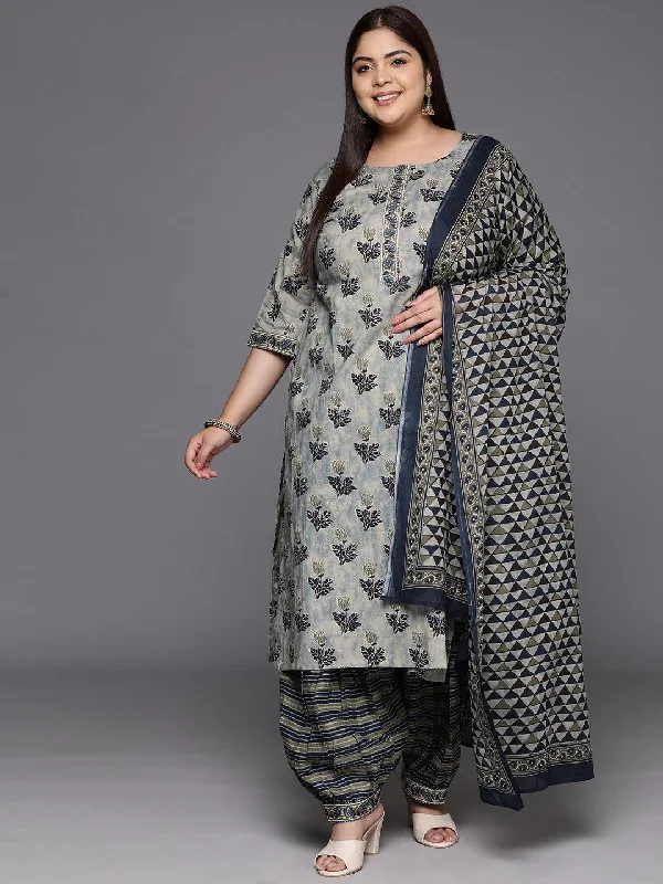 Plus Size Grey Printed Cotton Straight Suit With Dupatta