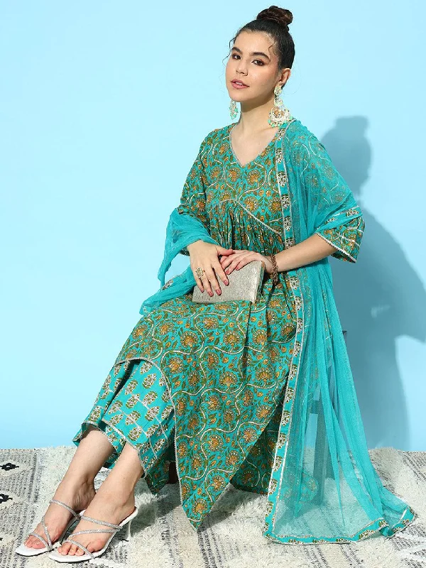 Blue Printed Cotton A-Line Kurta With Palazzos & Dupatta