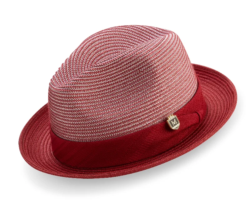 Red Braided Tone On Tone Stingy Brim Pinch Fedora Hat H2205