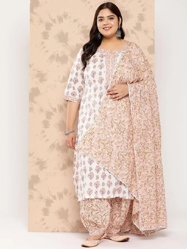 White Printed Cotton Straight Kurta With Salwar and Dupatta