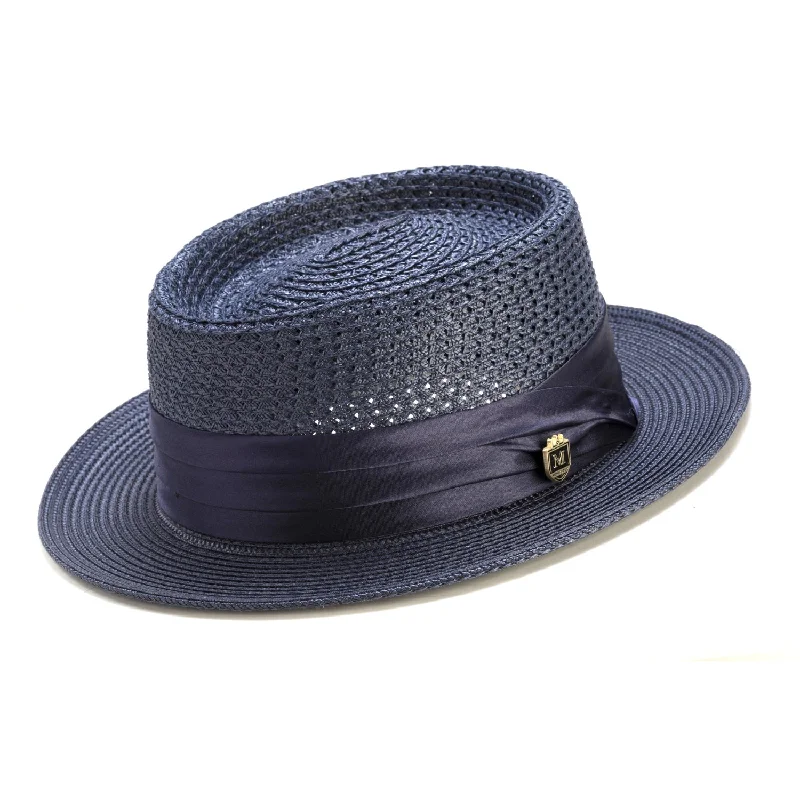 Montique Navy Braided Pork Pie Hat with Satin Band - H49