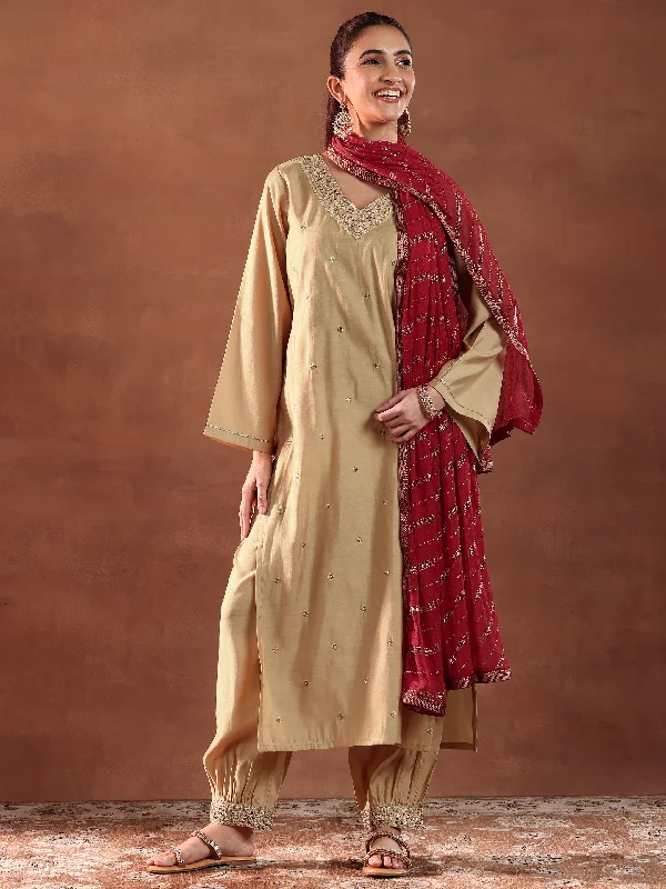 Beige Embroidered Silk Blend Straight Suit With Dupatta