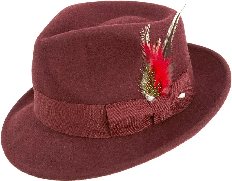 Montique Men's Burgundy Bogart Fedora 2 1/8 Inch Brim Felt Hat H11