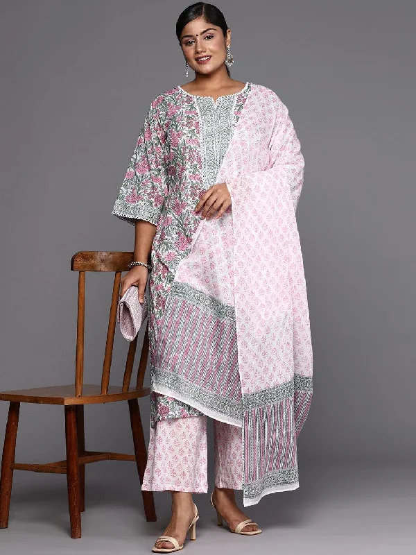 Plus Size Pink Printed Cotton Straight Suit With Dupatta