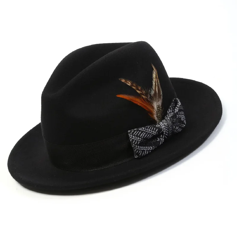 Spectara Collection: Montique Black/White with Matching Grossgrain Ribbon 2 1/2" Wool Felt Fedora Hat H2477