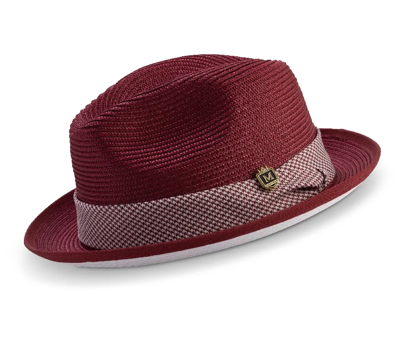 Burgundy Braided White Bottom Stingy Brim Pinch Fedora Hat H2211