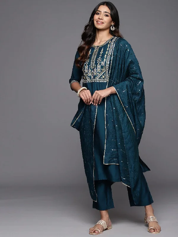 Blue Yoke Design Silk Blend Straight Suit With Dupatta