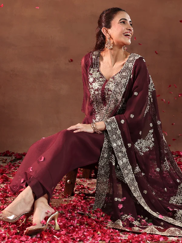 Maroon Yoke Design Organza Straight Suit With Dupatta