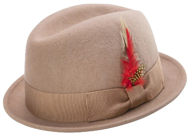 Melodaze Collection: Men's Camel Center Crease Stingy Snap 1 1/2" Brim Hard Felt Fedora Hat