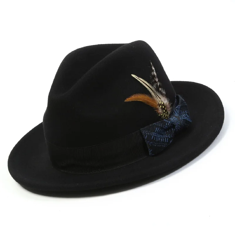 Spectara Collection: Montique Black/Blue with Matching Grossgrain Ribbon 2 1/2" Wool Felt Fedora Hat H2477