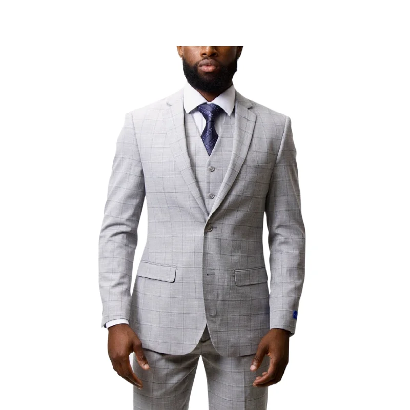 Pino Baldini Vested Light Grey Plaid Slim Fit Suits