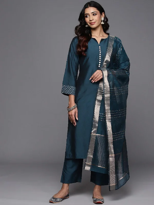 Blue Solid Silk Blend Straight Suit With Dupatta