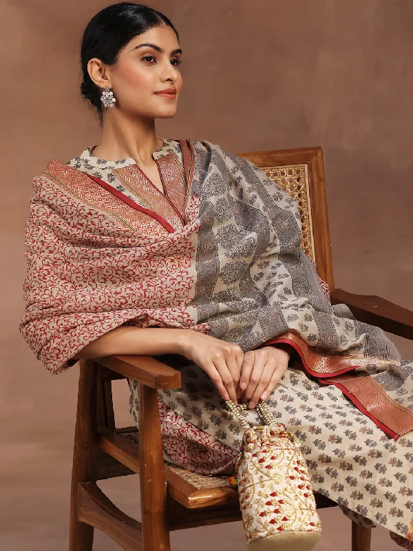 Beige Printed Cotton Straight Suit With Dupatta