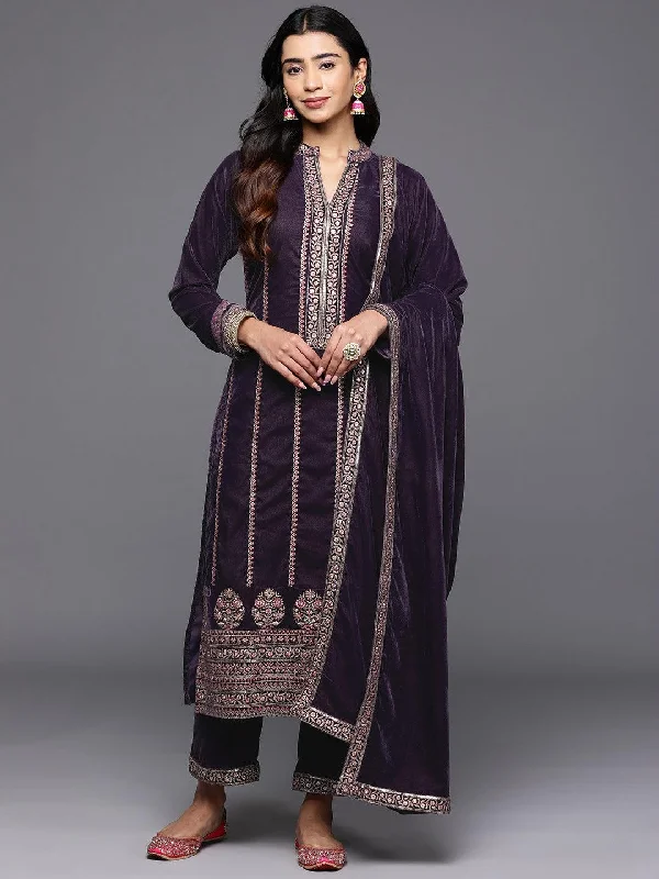 Libas Art Grey Embroidered Velvet Straight Suit With Dupatta