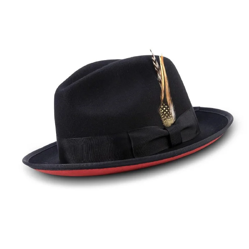 Ambley Collection: Montique Black Matching Grosgrain Ribbon 2 3/8" Brim Red Bottom Wool Felt Dress Hat