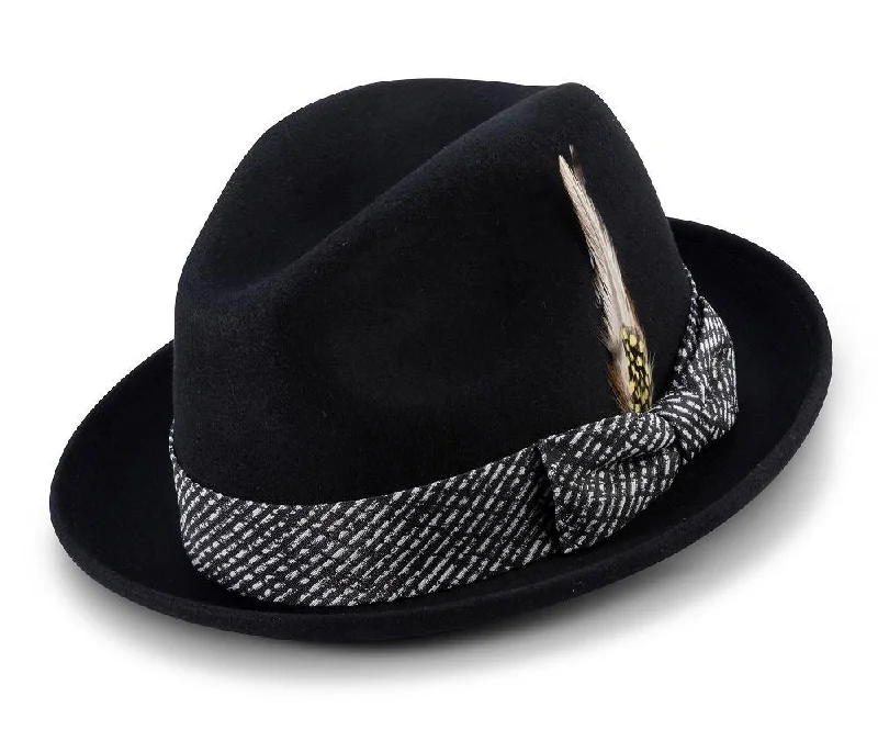 Montique Black 2" Brim Wool Felt Fedora Hat H-2123