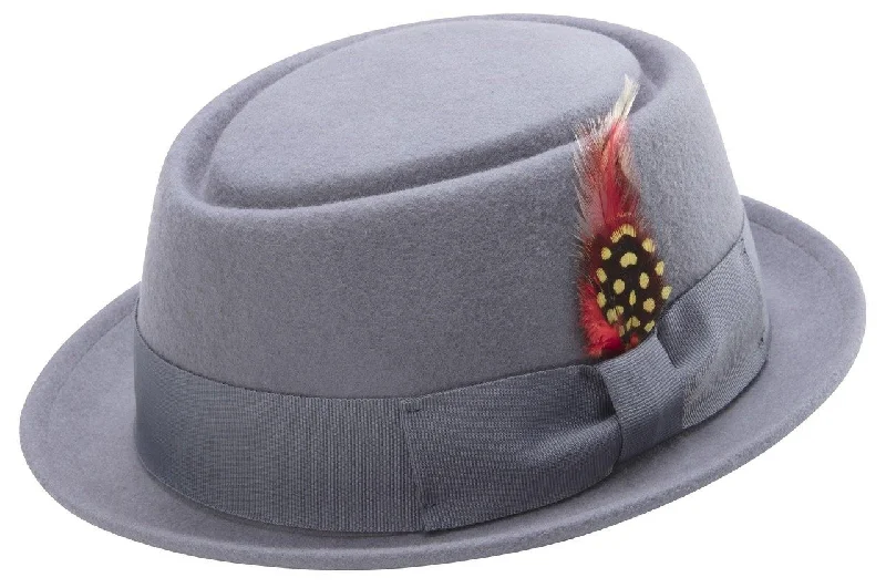 Montique Men's Grey Stingy Brim Teardrop Dent Pork Pie Wool Felt Hat with Feather H45