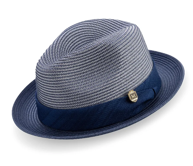 Navy Braided Tone On Tone Stingy Brim Pinch Fedora Hat H2205