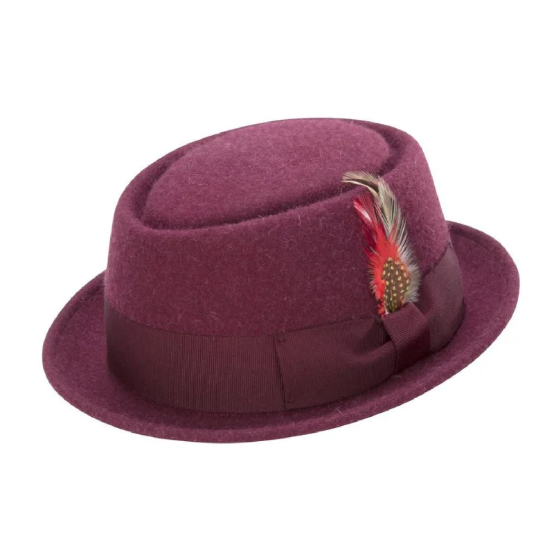 Prestique Collection: Men's Burgundy Soft Rabbit Wool Snap Brim Pork Pie Teardrop Dent Hat