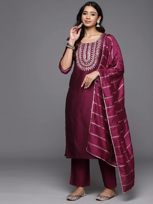 Wine Yoke Design Silk Blend Straight Suit With Dupatta