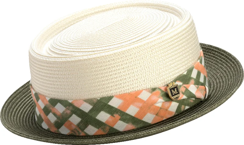 Montique Olive and Beige Pork Pie Hat with Checkered Band