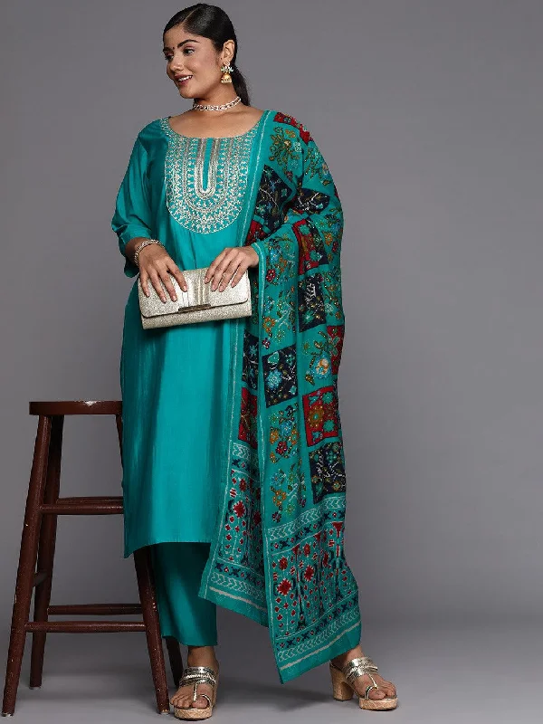 Plus Size Green Yoke Design Silk Blend Straight Suit With Dupatta