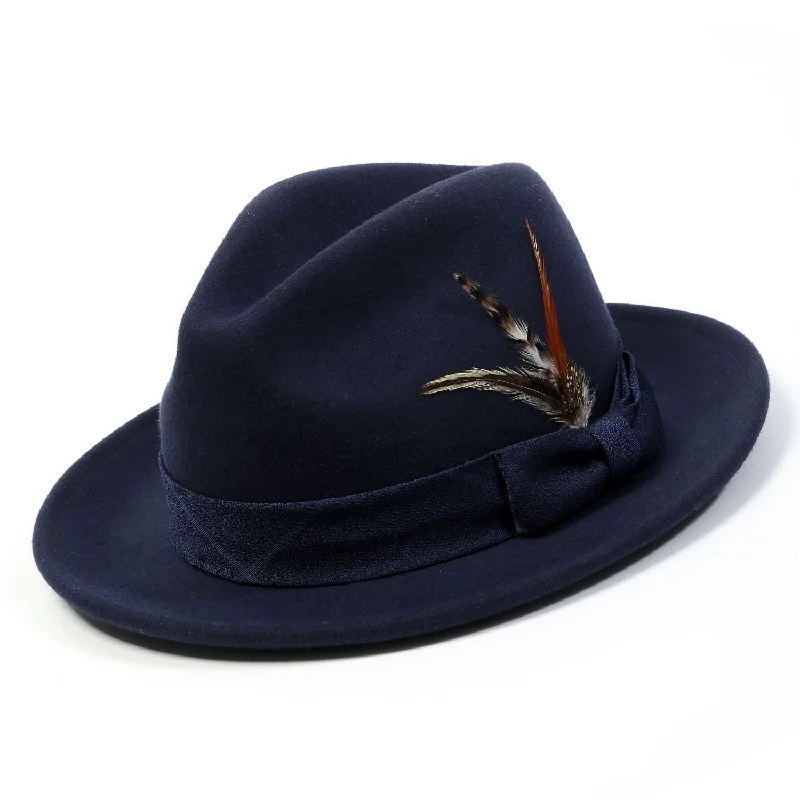 Agilis Collection: Montique Navy Matching Grosgrain Ribbon 2 1/2" Wool Felt Fedora Hat