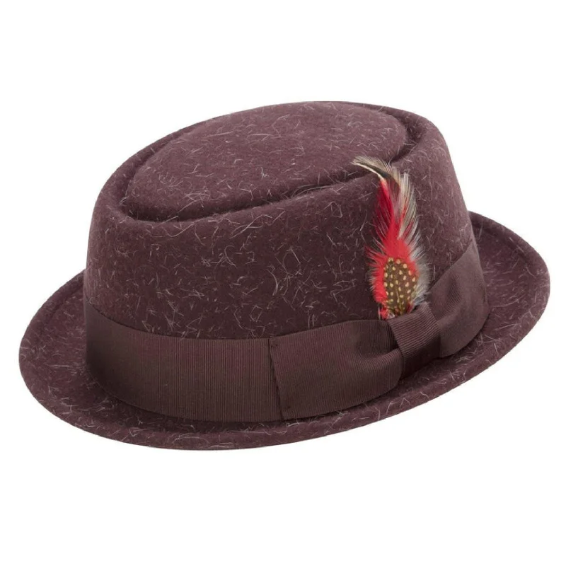 Prestique Collection: Men's Heather Brown Soft Rabbit Wool Snap Brim Pork Pie Teardrop Dent Hat