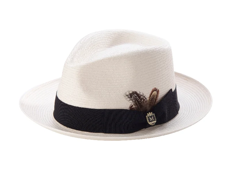 Montique Cream and Black Banded Fedora Hat with Feather Accent - H40