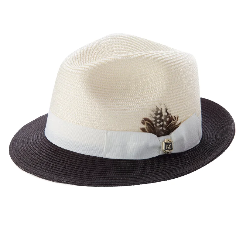 Montique Cream Braided Fedora Hat with Brown Brim and Feather Detail - H41