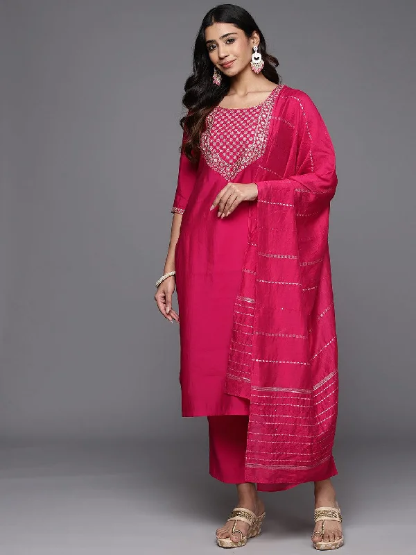 Pink Yoke Design Silk Blend Straight Suit With Dupatta