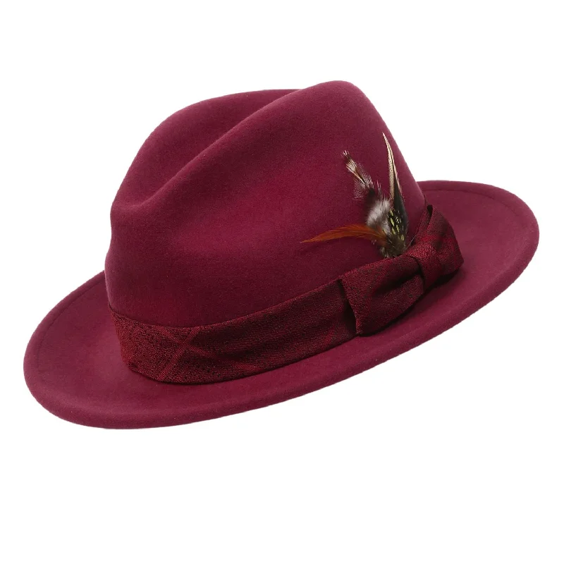 Agilis Collection: Montique Wine Matching Grosgrain Ribbon 2 1/2" Wool Felt Fedora Hat