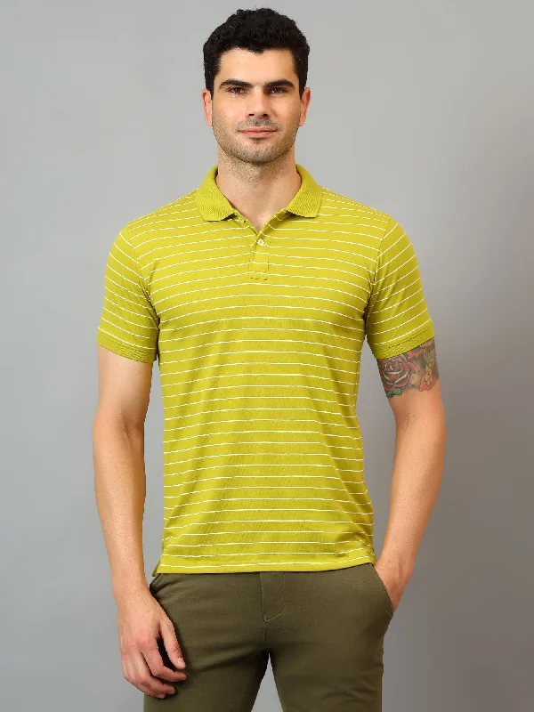 Men's Shirts with Moisture-Wicking FabricMen's Lime Green Stripe Polo neck Half Sleeve T-Shirt