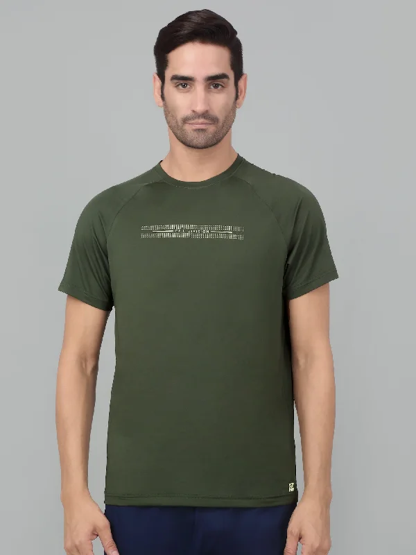 Men's Shirts with Hidden ButtonsMen's Olive Green Round neck Raglan Half Sleeve T-Shirt with Graphic Print