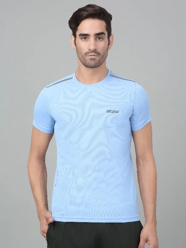 Striped Men's TopsMen's Sky Blue Round neck Half Sleeve T-Shirt with reflective prints