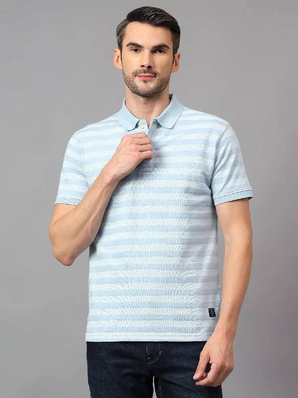 Men's Shirts with Checkered PatternsMen's Sky Blue Striped Polo Neck Half Sleeve T-shirt