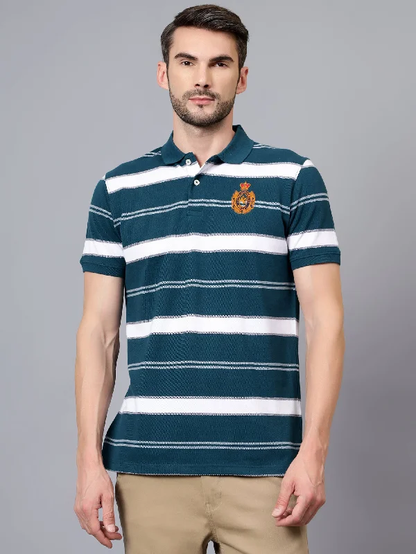 Versatile Men's Tank TopsMen's Teal Blue Striped Polo Neck Half Sleeve T-shirt