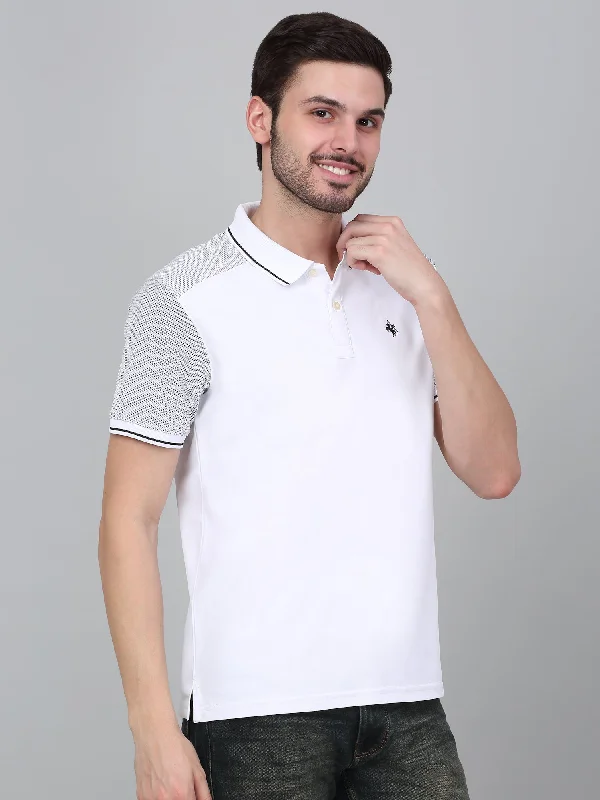 Men's Shirts with Drawstring WaistbandsMen's White Color block hybrid Polo neck Half Sleeve T-Shirt with contrast back yoke