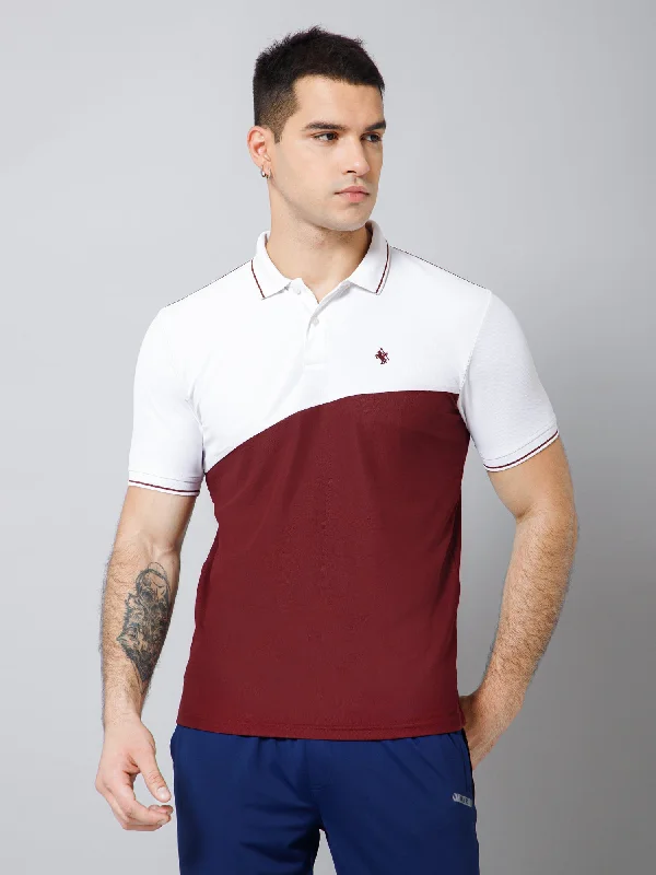 Men's Shirts with Surplice HemlinesRegular Fit Colorblock Polo Neck Half Sleeve Maroon Active Wear T-Shirt for Men