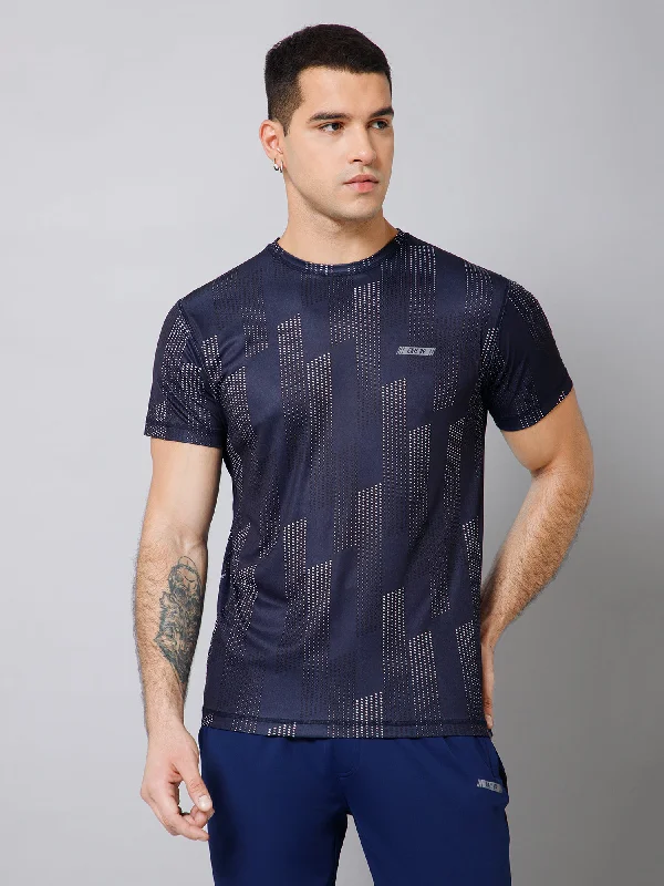 Men's Shirts with Geometric PatternsRegular Fit Printed Round Neck Half Sleeve Black Active Wear T-Shirt for Men