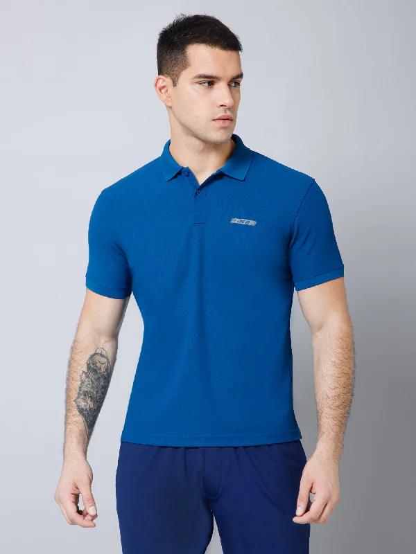 Men's Shirts with Patchwork SleevesRegular Fit Solid Polo Neck Half Sleeve Blue Active Wear T-Shirt for Men