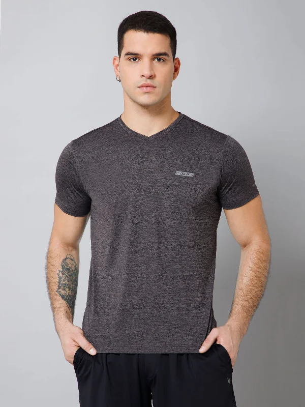 Men's Shirts with Double-Breasted DesignsRegular Fit Solid V-Neck Half Sleeve Grey Melange Active Wear T-Shirt for Men