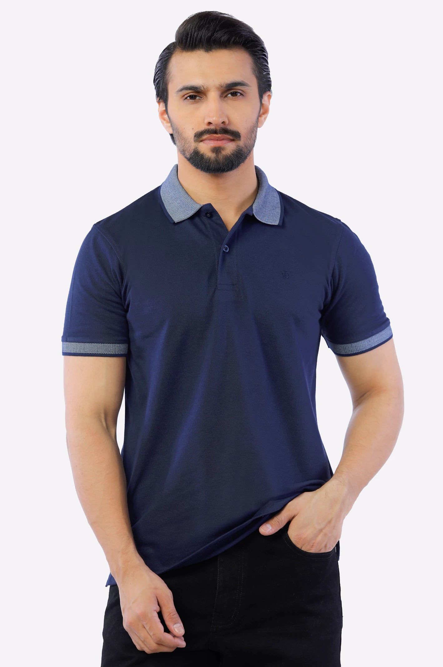 Men's Shirts with Graphic SleevesNavy Blue Jacquard Collar Polo