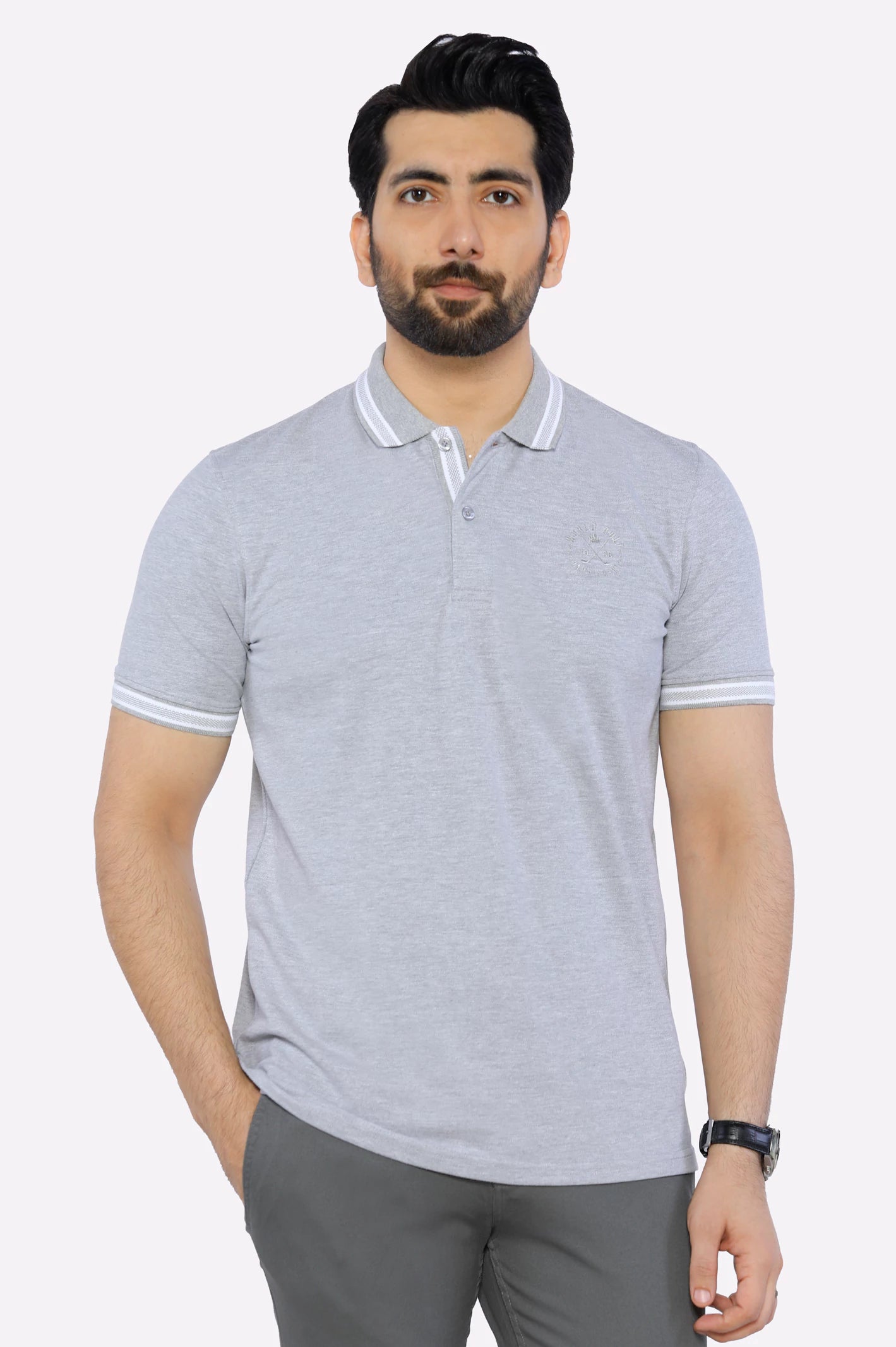 Men's Shirts with Raw-Edge HemlinesHeather Grey Jacquard Collar Polo