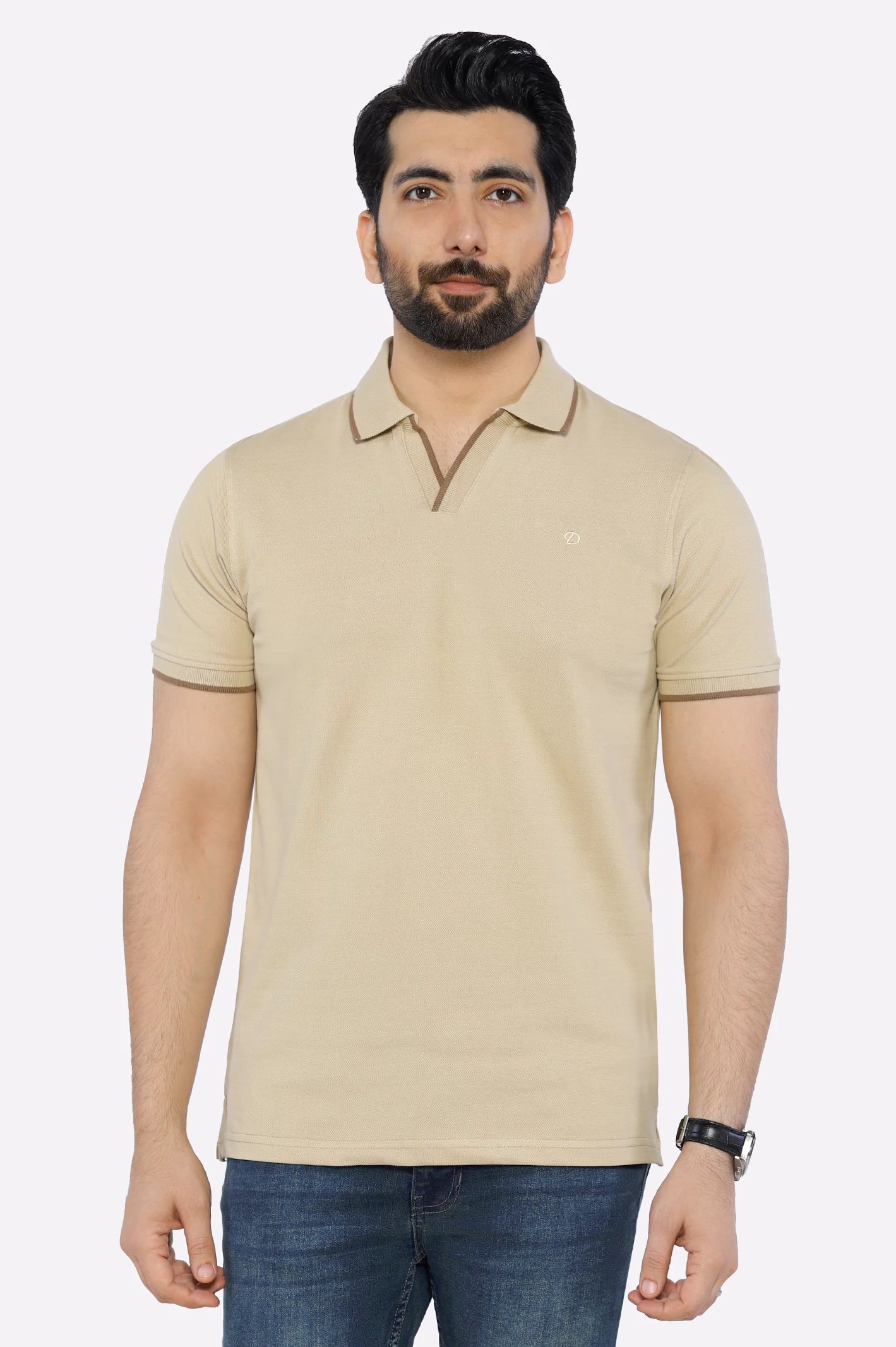 Men's Shirts with Wingtip CollarsBeige Solid Collar Polo