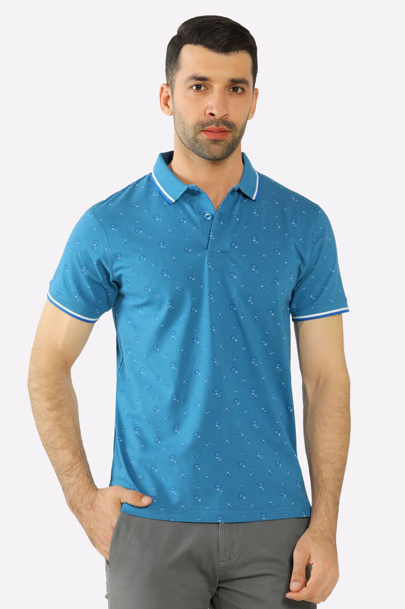 Men's Shirts with Barrel CuffsBlue All Over Printed Polo