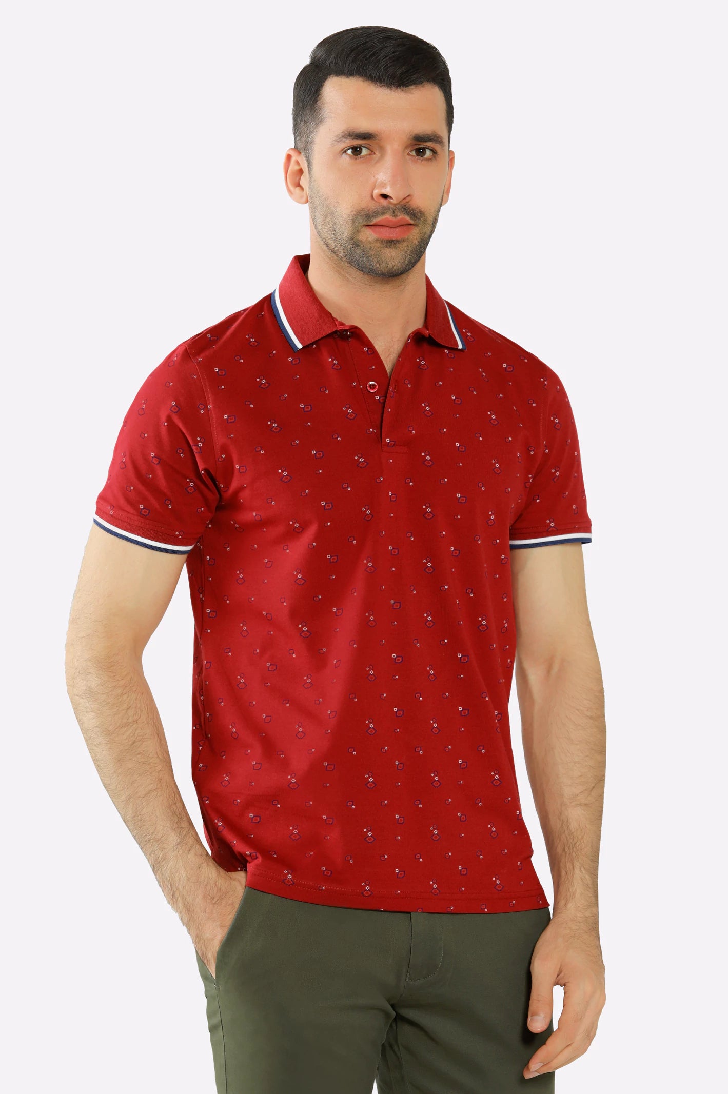 Men's Shirts with Short PlacketsRed All Over Printed Polo