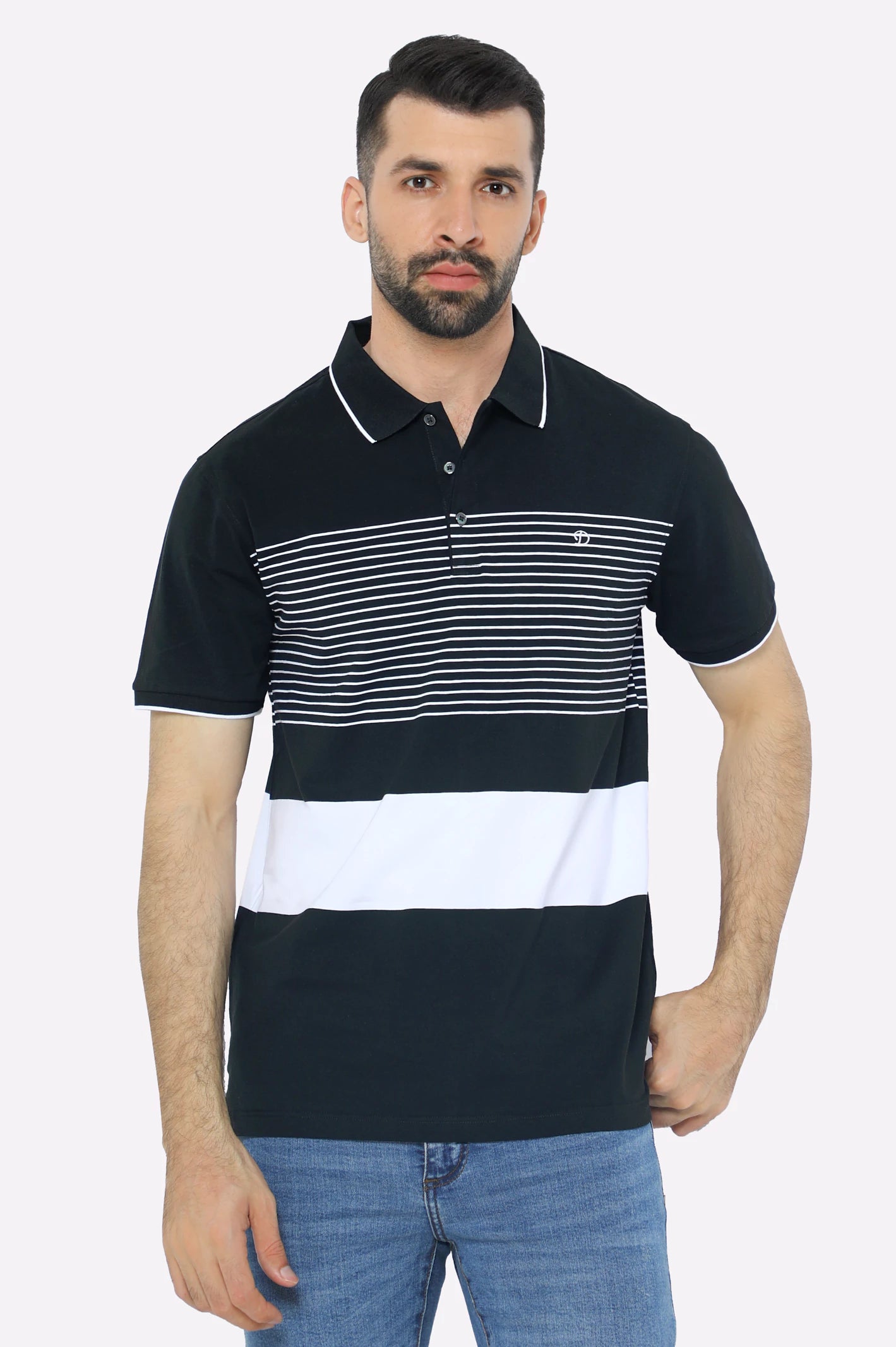 Men's Shirts with Striped PatternsBlack Yarn Dyed Polo